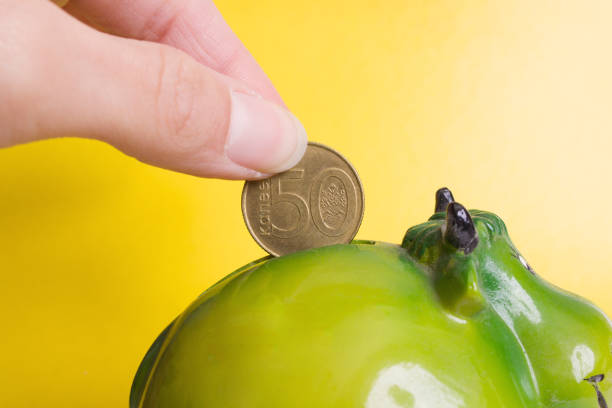 istock Hand throws coin into piggy bank on yellow background 1309735737