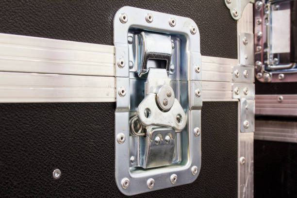 istock Aluminum lock of road flight case. Professional protective box for transporting equipment. 1309735783