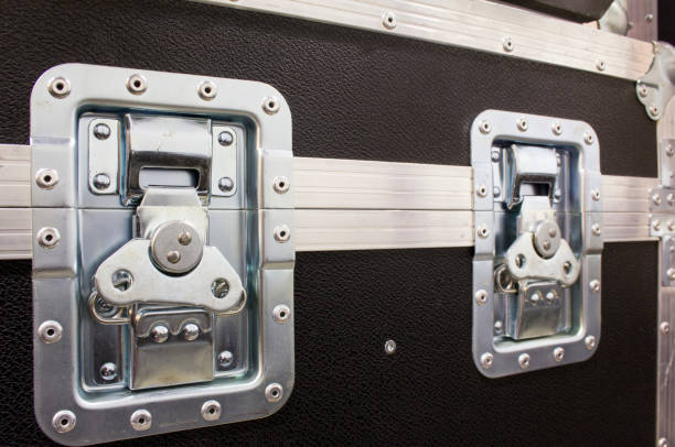 istock Steel lock of road flight case. Protective box for transporting equipment. 1309735789