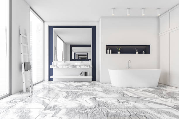 istock Concrete white and blue bathroom interior with a grey marble floor, a bathtub, a double sink, ladder and a loft window city view. 3d rendering 1309735953