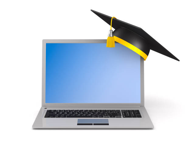 istock laptop and graduation cap on white background. Isolated 3D illustration 1309737648