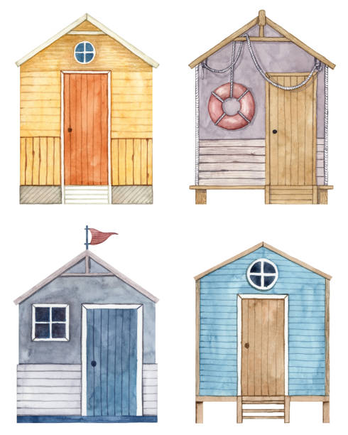 istock Set of hand painted watercolor beach tiny houses 1309741098