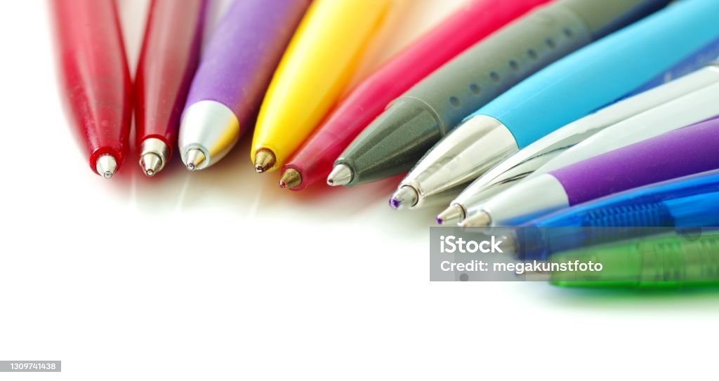 Colorful ballpoint pens Many colorful ballpoint pens in a row Pen Stock Photo