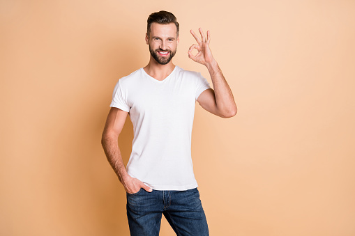 Photo of young handsome guy happy positive smile show okey sign perfect good advert isolated over beige color background.