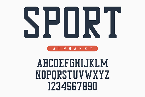 Sport font, original college alphabet. Athletic style letters and numbers for sportswear, t-shirt, university logo. Vintage varsity typeface. Vector illustration.