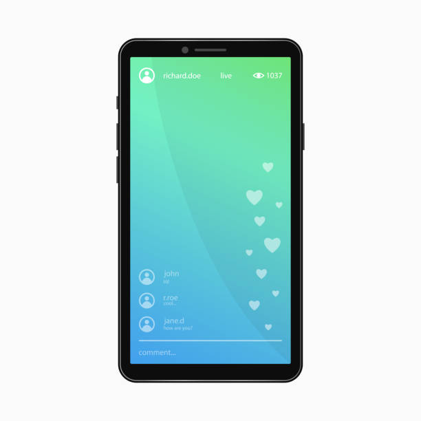 istock Live video streaming page. Template of smartphone with live video chat app on screen. Vector 1309745719