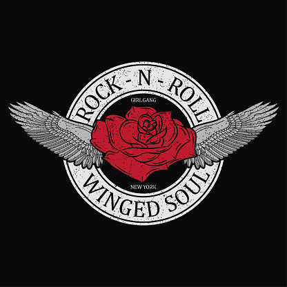 New York rock and roll girl gang print. Grunge typography for t-shirt, women clothes. Fashion stamp for apparel with rose, wings and slogan. Vector illustration.