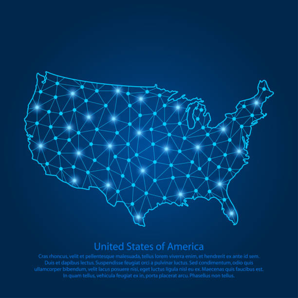 별이 빛나는 하늘, 공간 및 행성의 형태로 라인, 밝은 점과 다각형에서 만든 미국의 추상지도. 별, 우주 및 연결된 선과 미국의지도. - 미국 stock illustrations