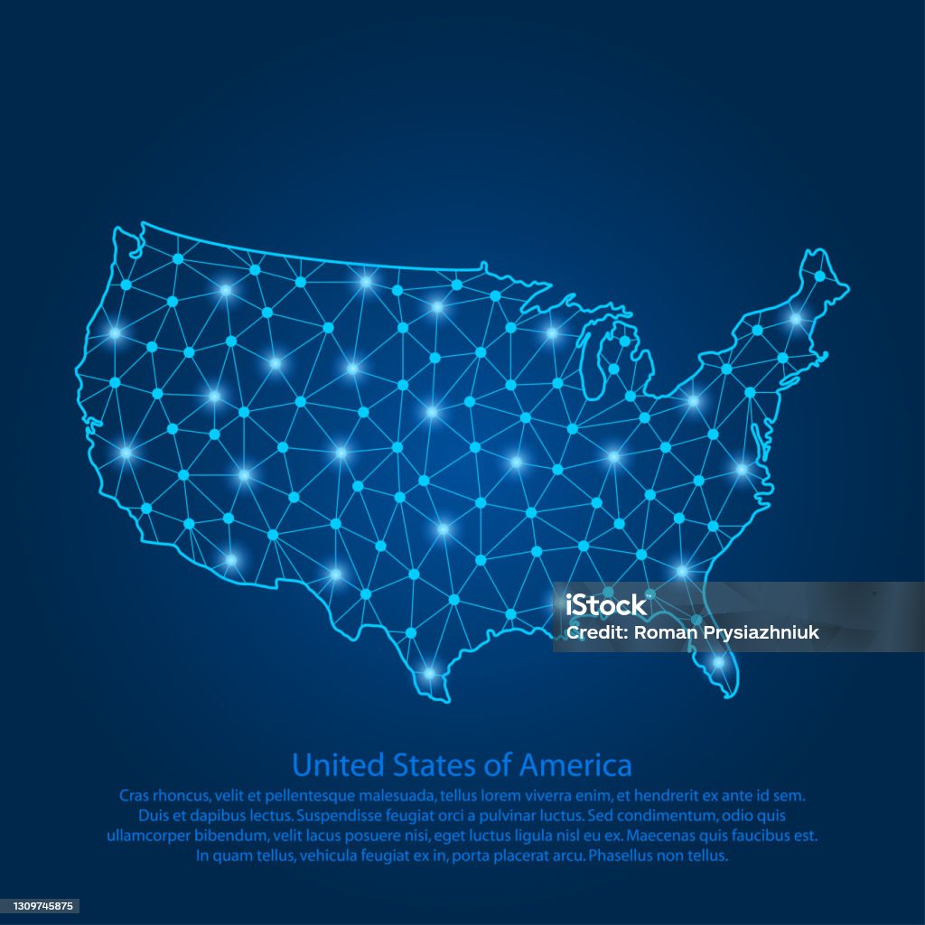 Abstrakcyjna mapa USA stworzona z linii, jasnych punktów i wielokątów w postaci gwiaździstego nieba, przestrzeni i planet. Mapa Stanów Zjednoczonych Ameryki z gwiazdami, wszechświatem i połączoną linią. - Grafika wektorowa royalty-free (USA)