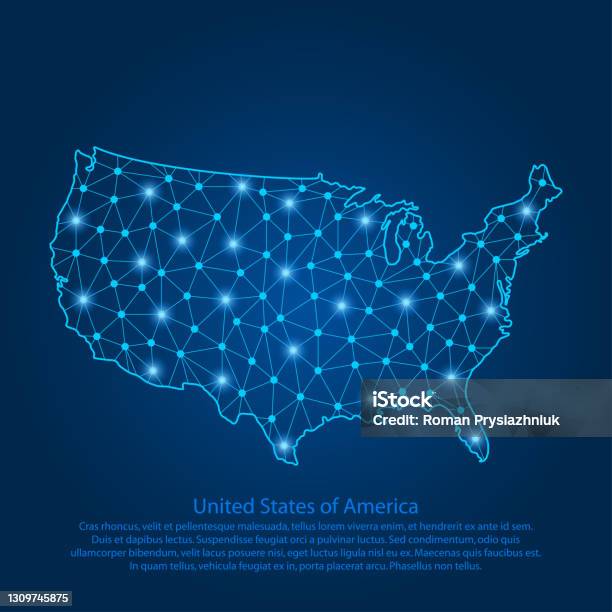 Abstrakcyjna Mapa Usa Stworzona Z Linii Jasnych Punktów I Wielokątów W Postaci Gwiaździstego Nieba Przestrzeni I Planet Mapa Stanów Zjednoczonych Ameryki Z Gwiazdami Wszechświatem I Połączoną Linią - Stockowe grafiki wektorowe i więcej obrazów USA