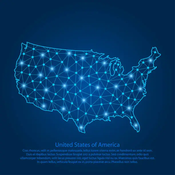 Vector illustration of Abstract map of the USA created from lines, bright points and polygons in the form of starry sky, space and planets. Map of United States of America with stars, universe and connected line.