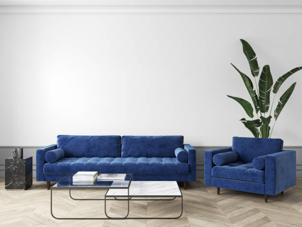 istock Classic white interior with blue sofa and armchair, decor, coffee table and plants. 3d render illustration mock up. 1309745897