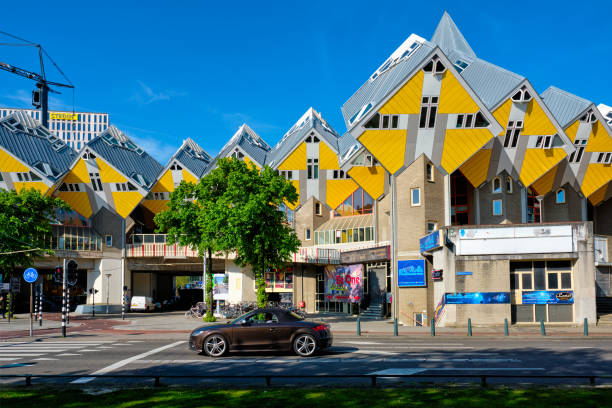 Rotterdam, Netherlands - May 11, 2017: Cube houses - innovative cube-shaped houses designed by architect Piet Blom with idea to optimize space in Rotterdam, Netherlands now became a tourist attraction