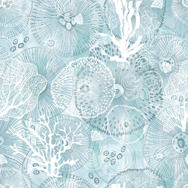 ilustrações de stock, clip art, desenhos animados e ícones de sea. abstract seamless pattern on the marine theme on blue watercolor background. vector. perfect for design templates, wallpaper, wrapping, fabric and textile. - pattern illustration and painting backgrounds seamless