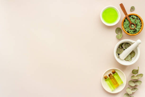 istock Herbal medicine and pharmacy. Eucalyptus essential oil, top view 1309748659