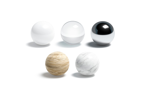 Blank glass, metallic, wood and marble ball mockup set, 3d rendering. Empty gloss nd matte, smooth and shabby globe material mock up, isolated. Clear metal, wooden, granite surface template.