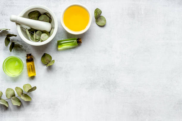 istock Herbal medicine and pharmacy. Eucalyptus essential oil, top view 1309748839