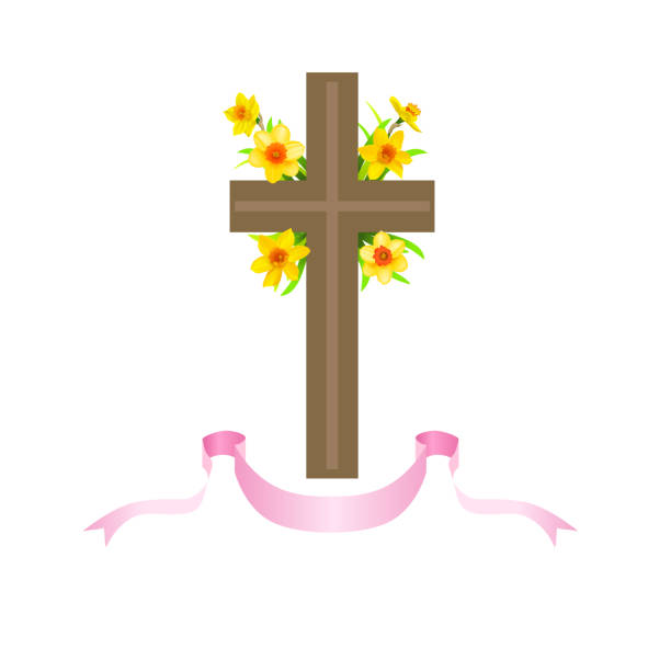 istock Festive floral composition with cross, ribbons and daffodils. 1309750363