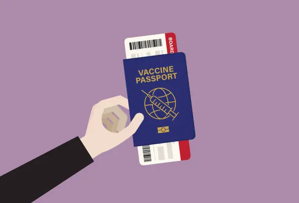 Vector illustration of Hand holds a vaccine passport and boarding pass