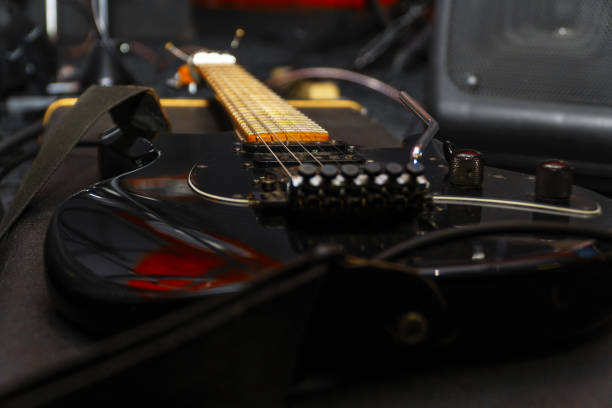istock Black electric guitar with tremolo on a hard case 1309751285