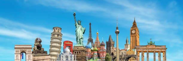 мировые достопримечательности и знаменитые памятники панорамный коллаж на фоне голубого неба - туристическое направление стоковые фото и изображения