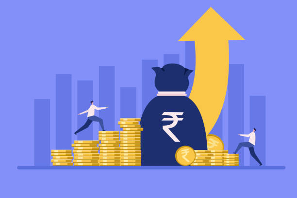 Business people stepping up on Rupee coins against a growing upward graph vector art illustration