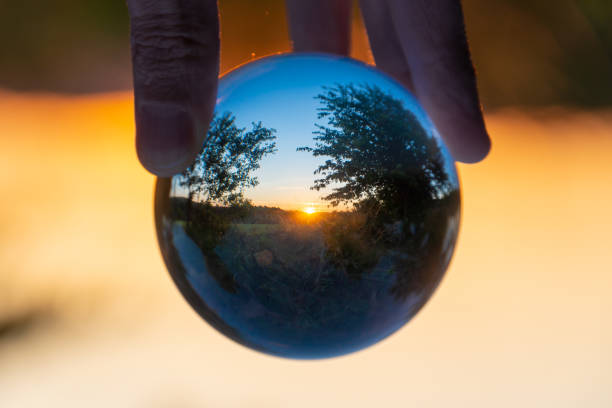 istock Rural landscape with trees at sunset seen through a crystal ball 1309752878