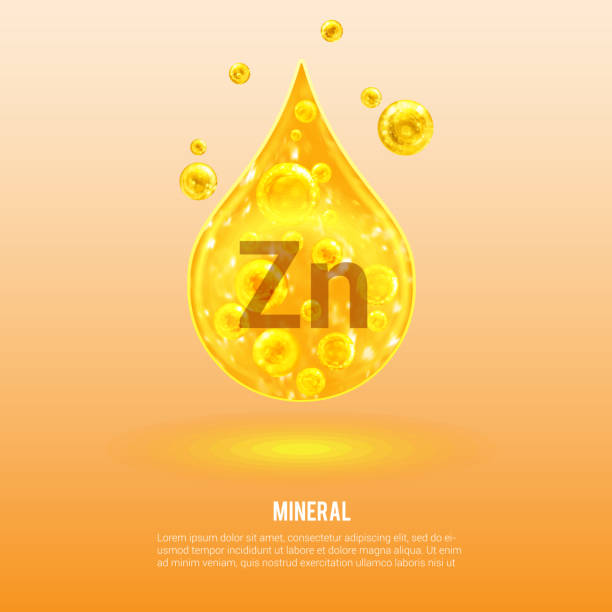 ilustraciones, imágenes clip art, dibujos animados e iconos de stock de zinc mineral zn. complejo de vitaminas minerales. gota de oro y bolas de oro. concepto de salud. zn zinc. - zinc