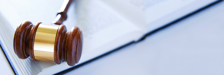 A wooden gavel rests on top of an open law book. The image is photographed using a very shallow depth of field.