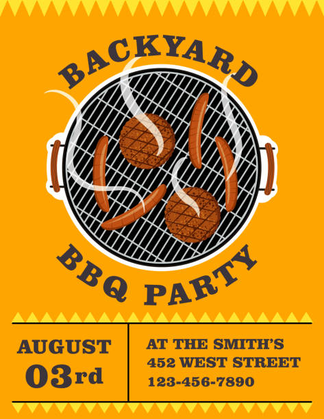 Bright BBQ Party Invitation Template Backyard barbecue outdoor party invite. Text is on it’s own layer for easy removal. Flat color. family reunion clip art stock illustrations