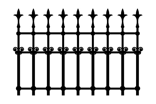 Metal guardrail. Steel modular railing. Vintage gate with swirls. Black forged lattice fence. Stock vector illustration