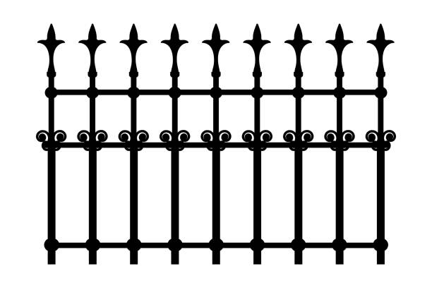 Decorative cast iron wrought fence silhouette with artistic forging isolated on white background. Metal guardrail. Steel modular railing. Vintage gate with swirls. Black forged lattice fence. Stock vector illustration house railing stock illustrations
