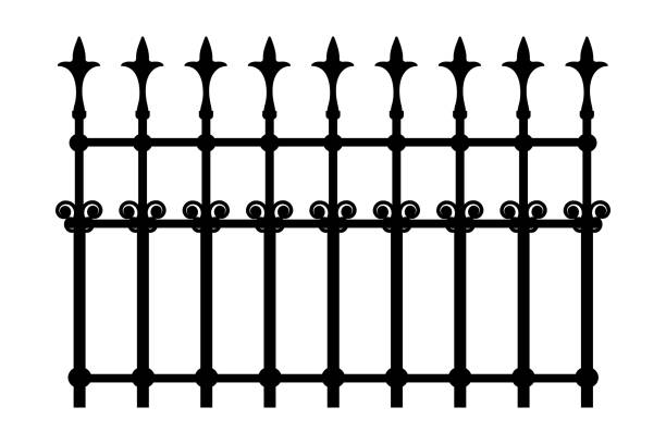 Decorative cast iron wrought fence silhouette with artistic forging isolated on white background. Metal guardrail. Steel modular railing. Vintage gate with swirls. Black forged lattice fence. Stock vector illustration wrought iron stock illustrations