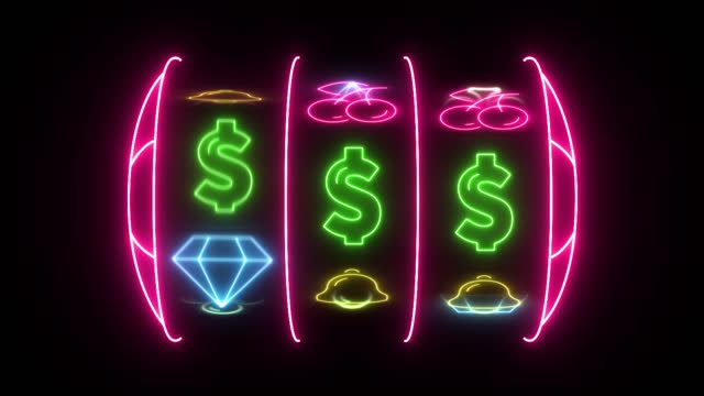 Slots, animated with neon lights. with black background. 4k