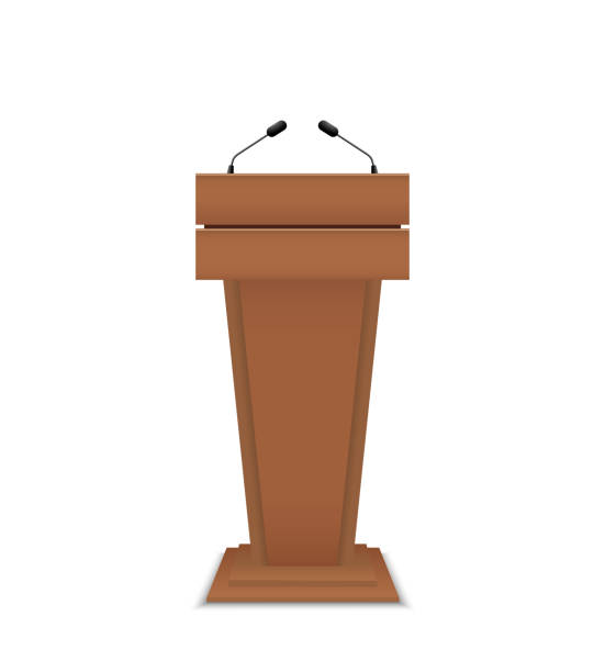 istock Podium for debate. Rostrum of conference. Wooden pulpit for speech. Tribune with microphone for speaker. Stage and stand. Pedestal for lecture, press on white background. Journalism concept. Vector 1309757943