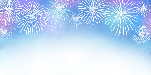 창백한 수채화 불꽃 놀이 벡터 일러스트 프레임 배경 (흰색 배경, 복사 공간) - fireworks stock illustrations