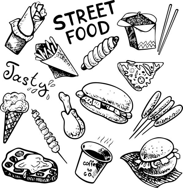 Street food - black and white outline icons set. Burger, kebab, hot dog, pizza, wok, ice-cream, coffee, fies, lettering Street Food and Tasty. Vector illustration traced after hand drawn sketch. Vector icons set with street food images. street food stock illustrations