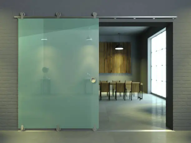 3d illustration. Modern sliding glass door in the office. Loft style interior