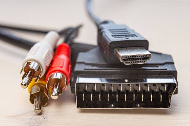 Cables, scart socket, hdmi plug and rca plugs stock photo