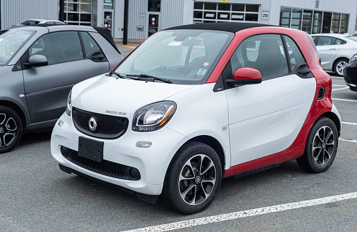 Halifax, Canada - March 28, 2021 - 2020 Smart EQ Passion Electric Car at a dealership in the city's North End.