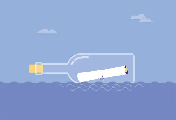 Vector illustration of The letters in the drifting bottle are floating in the sea.