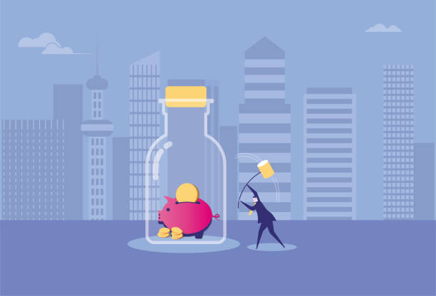 Business man smashes a bottle with a piggy bank Business man smashes a bottle with a piggy bank deposit bottle stock illustrations