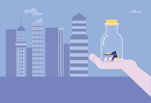 Vector illustration of Giant holds up a business man in a bottle by hand