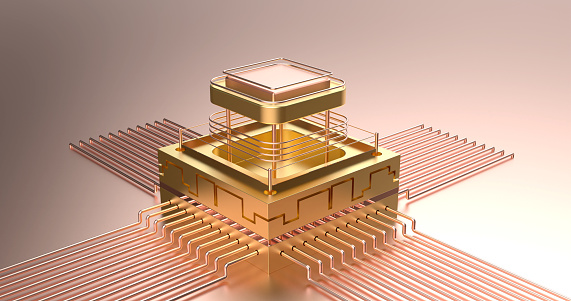 An automated robotic arm is gripping a CPU inside of a circuit board factory.  Part of a series images of semiconductors and microchips being installed by robots on a mother board. Conceptual 3D designed computer graphics.