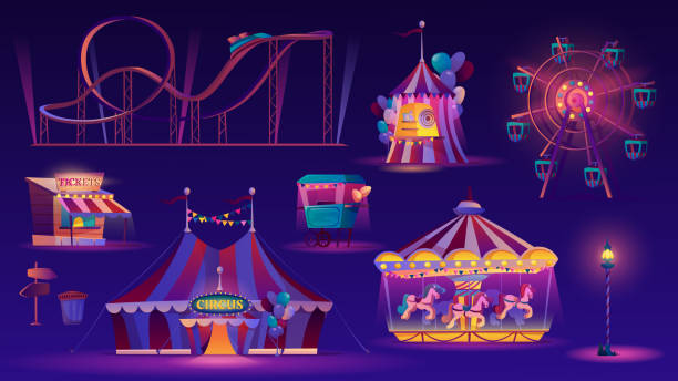 istock Amusement park night set. Vector ferris wheel, big top circus tent, roller coaster racing , carousel with horses, childish fairground and food cart with popcorn or ice cream. Street lamp, ticketsbox 1309764287
