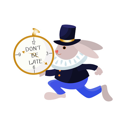 Rabbit from Alice in Wonderland running with clocks. Isolated vector illustration.