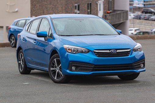 Halifax, Canada - March 28, 2021 - New model Subaru Impreza hatchback at a dealership.