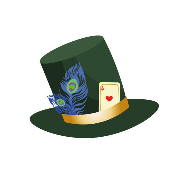 不思議の国のアリスから狂った帽子のストーブパイプグリーンの帽子。羽毛とトランプで飾られています。 - stovepipe hat点のイラスト素材／クリップアート素材／マンガ素材／アイコン素材