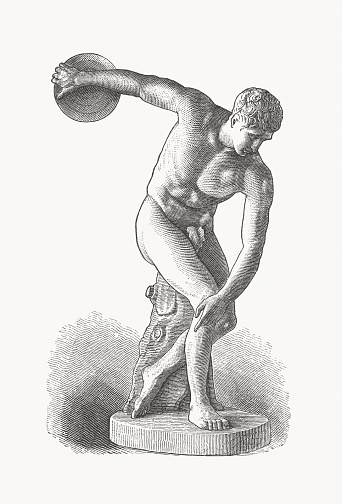 Discobolus (Discus thrower) of Myron of Eleutherae (Athenian sculptor, ca. mid-5th century BC). Wood engraving after an ancient statue (Roman marble copy, British Museum, London, England), published in 1893.