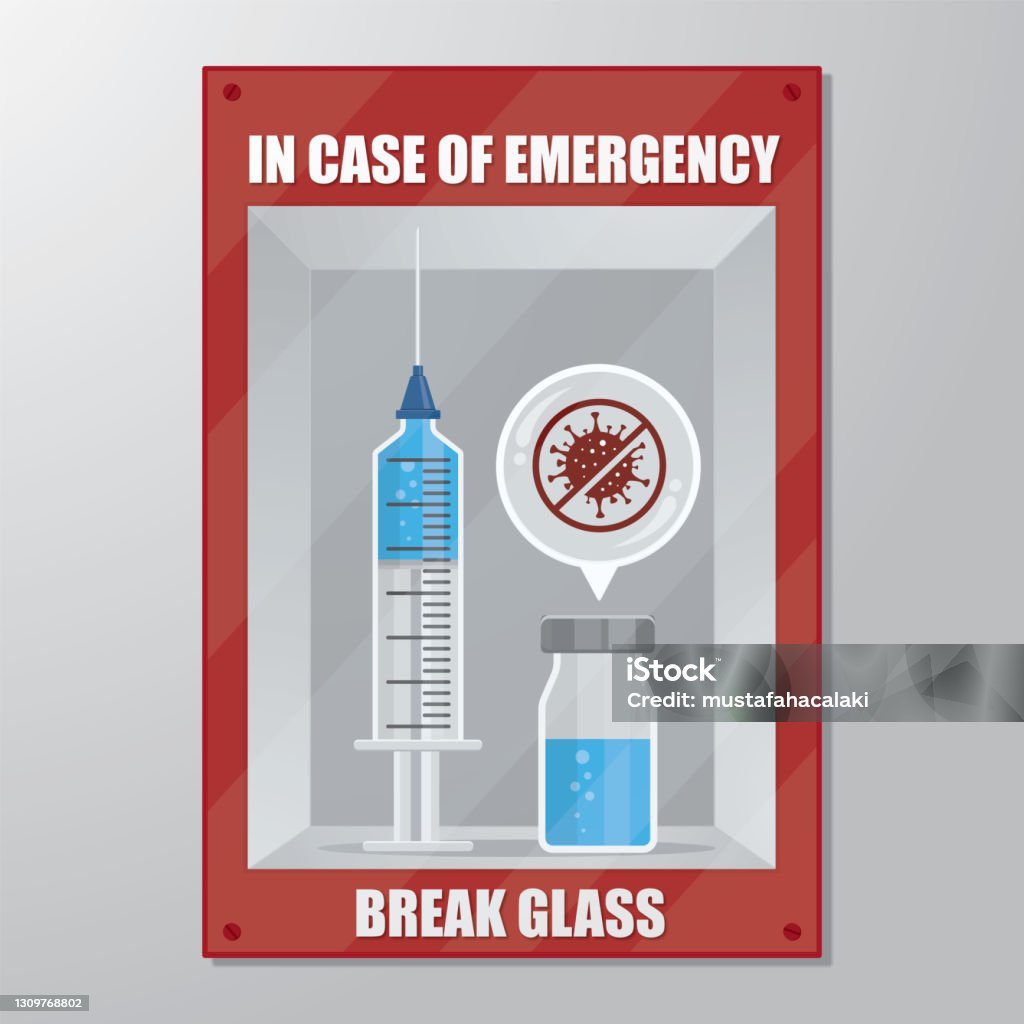 In case of Emergency Covid-19 Vaccine Covid-19 Vaccine in a in case of Emergency box Emergency Sign stock vector